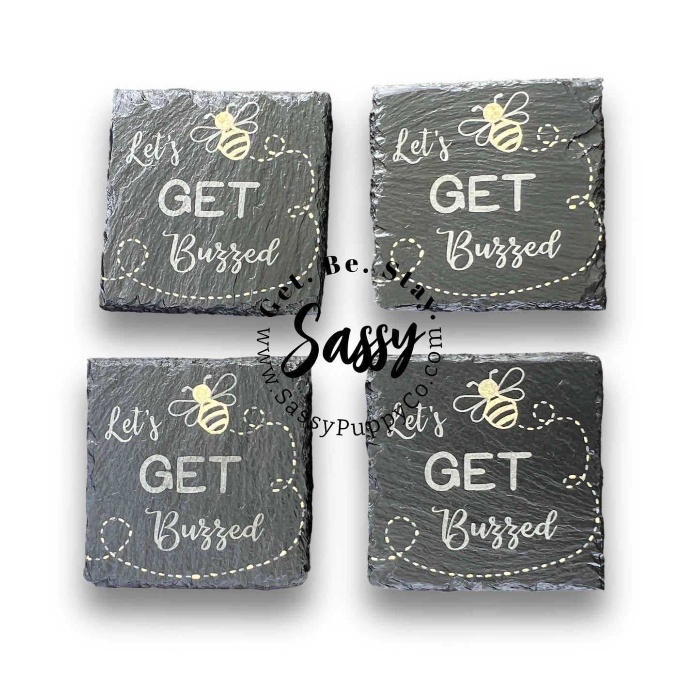 Custom Engraved Hand Painted Slate Drink Coasters - Let’s Get Buzzed